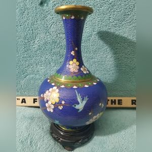 Beautiful Vintage Chinese Cloisonne Enamel Floral Vase With Stand